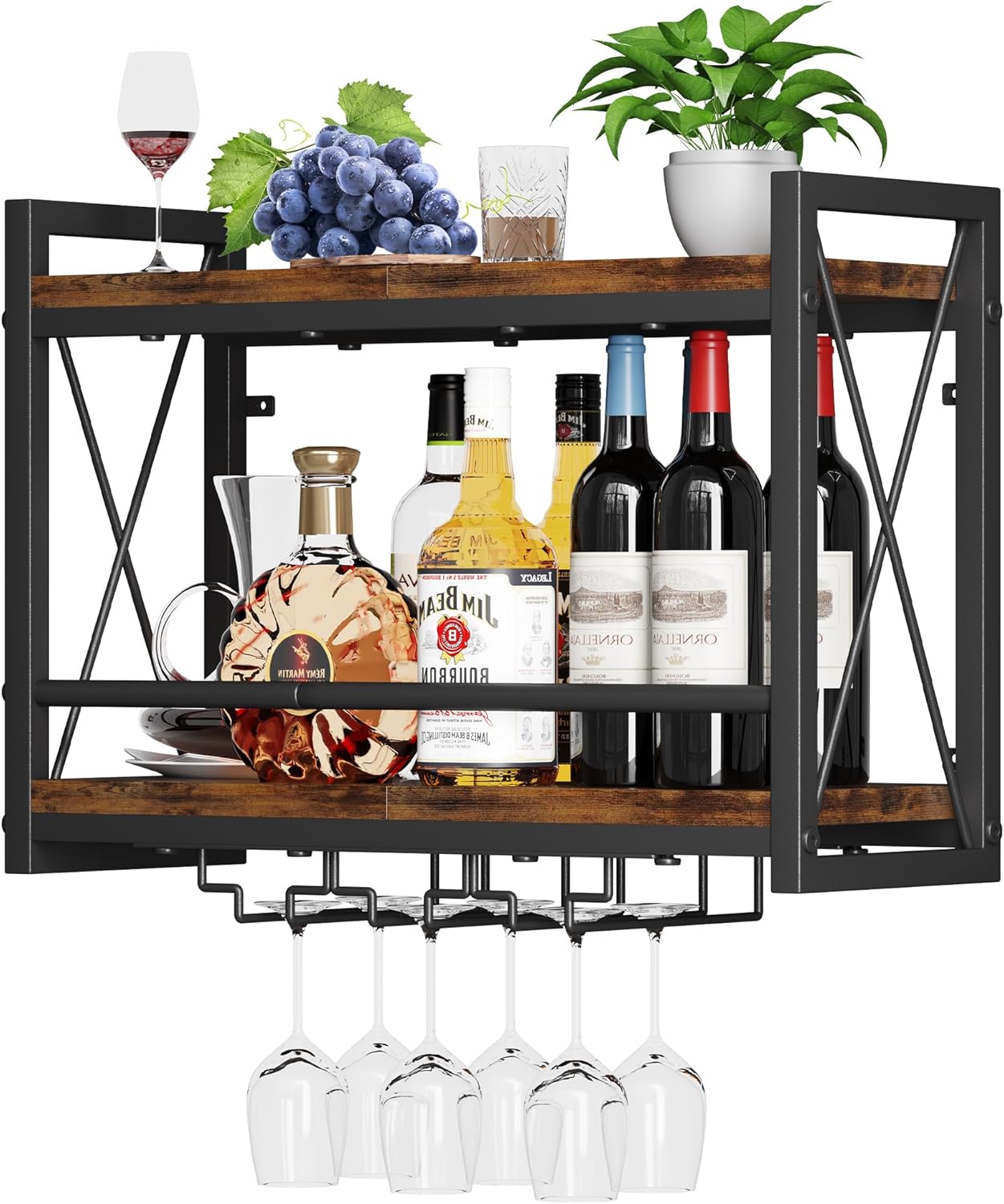 Homeiju Wall Mounted Wine Rack, Bottle & Glass Holder Wood-Metal Retro Wine Rack, Wine Bottles Display Wall Storage for Kitchen Dining Room Home Bar