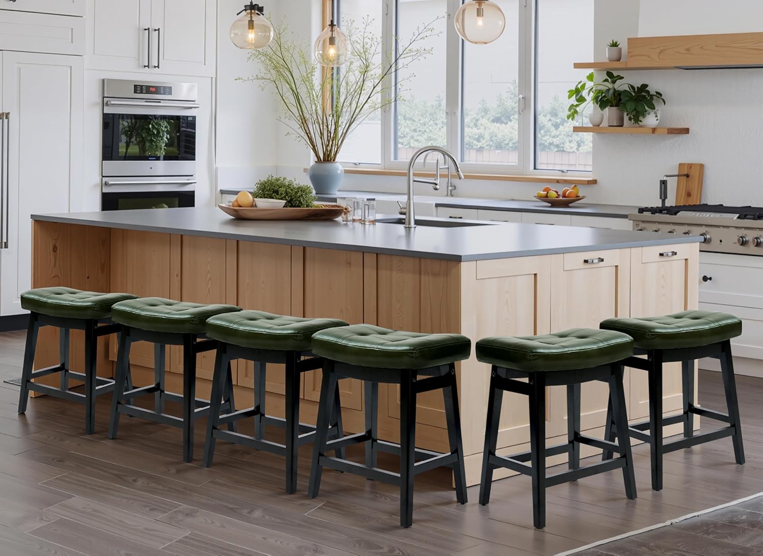 Counter Height Bar Stools Set of 3 for Kitchen Counter Farmhouse Modern Barstools with Upholstered Fabric Backless Seat and Solid Wood Legs 24 inch Bar Chairs, Khaki + Wood Color