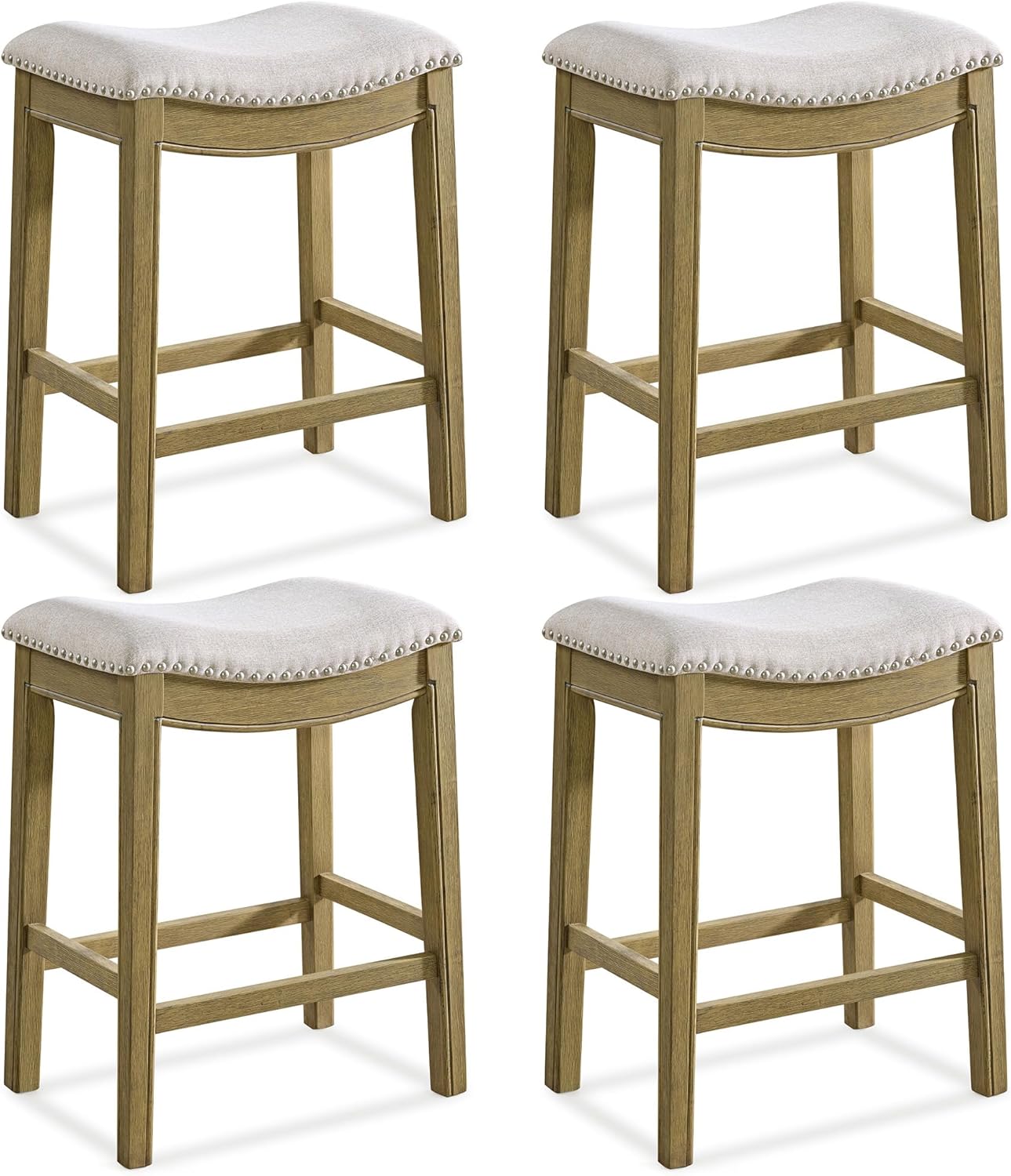 ROME + OAK Parker 26 Inch Counter Stool, Backless Saddle Kitchen Barstool in Natural Wood Finish with Wheat Cream Fabric Upholstery Cushion Seat