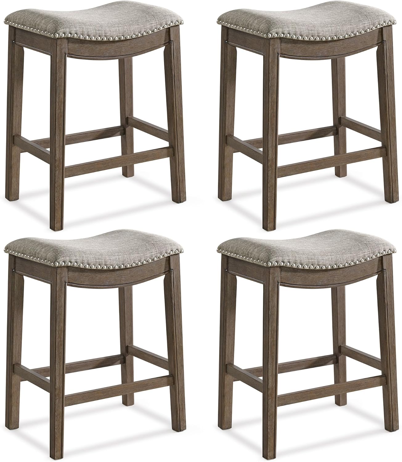 ROME + OAK Parker 26 Inch Counter Stool, Backless Saddle Kitchen Barstool in Natural Wood Finish with Wheat Cream Fabric Upholstery Cushion Seat