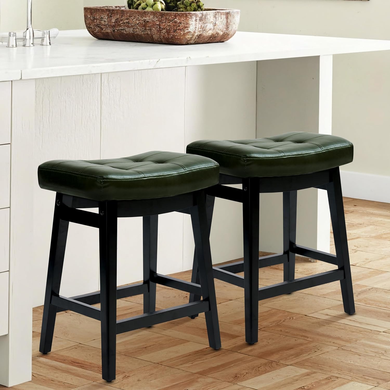 Counter Height Bar Stools Set of 3 for Kitchen Counter Farmhouse Modern Barstools with Upholstered Fabric Backless Seat and Solid Wood Legs 24 inch Bar Chairs, Khaki + Wood Color