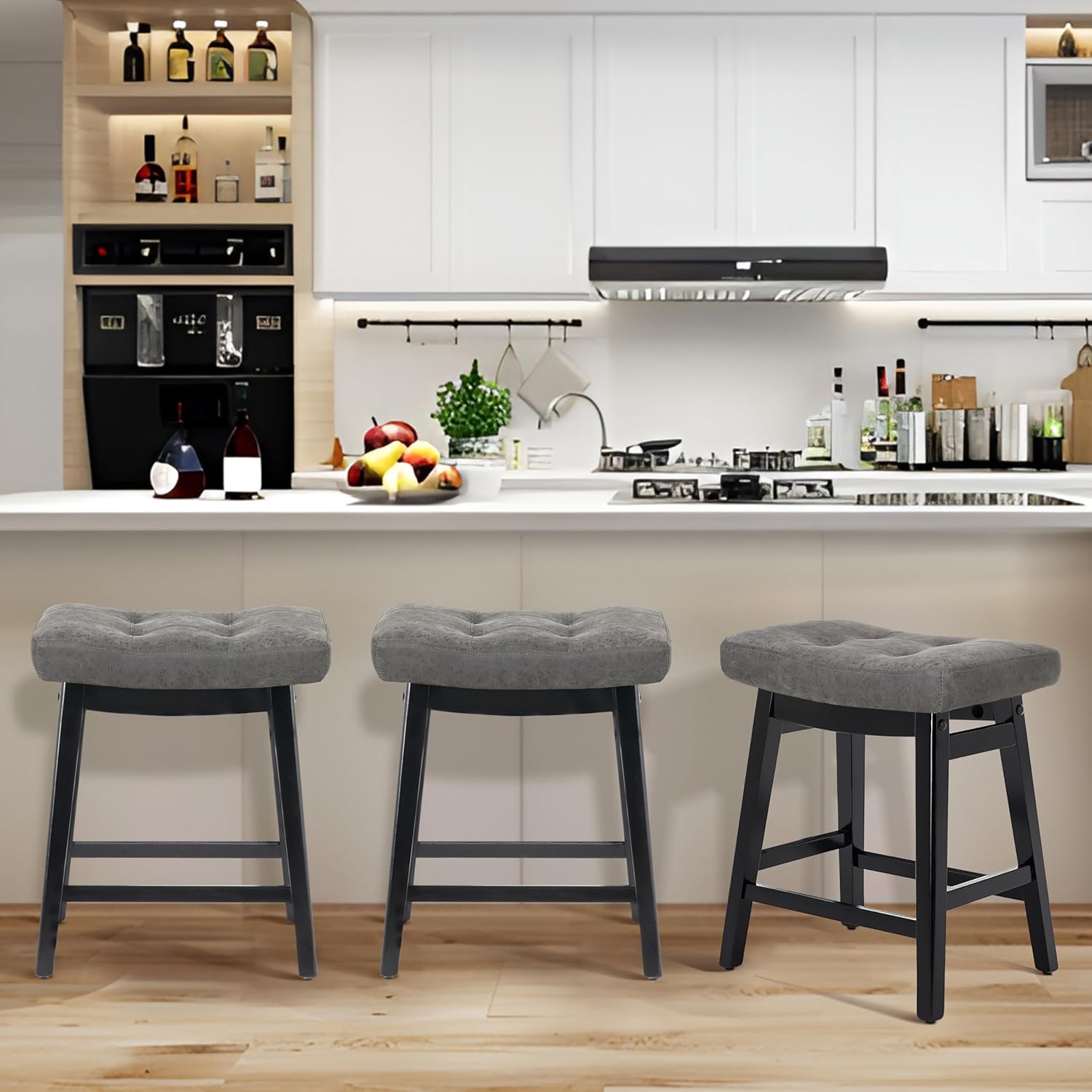 Counter Height Bar Stools Set of 3 for Kitchen Counter Farmhouse Modern Barstools with Upholstered Fabric Backless Seat and Solid Wood Legs 24 inch Bar Chairs, Khaki + Wood Color