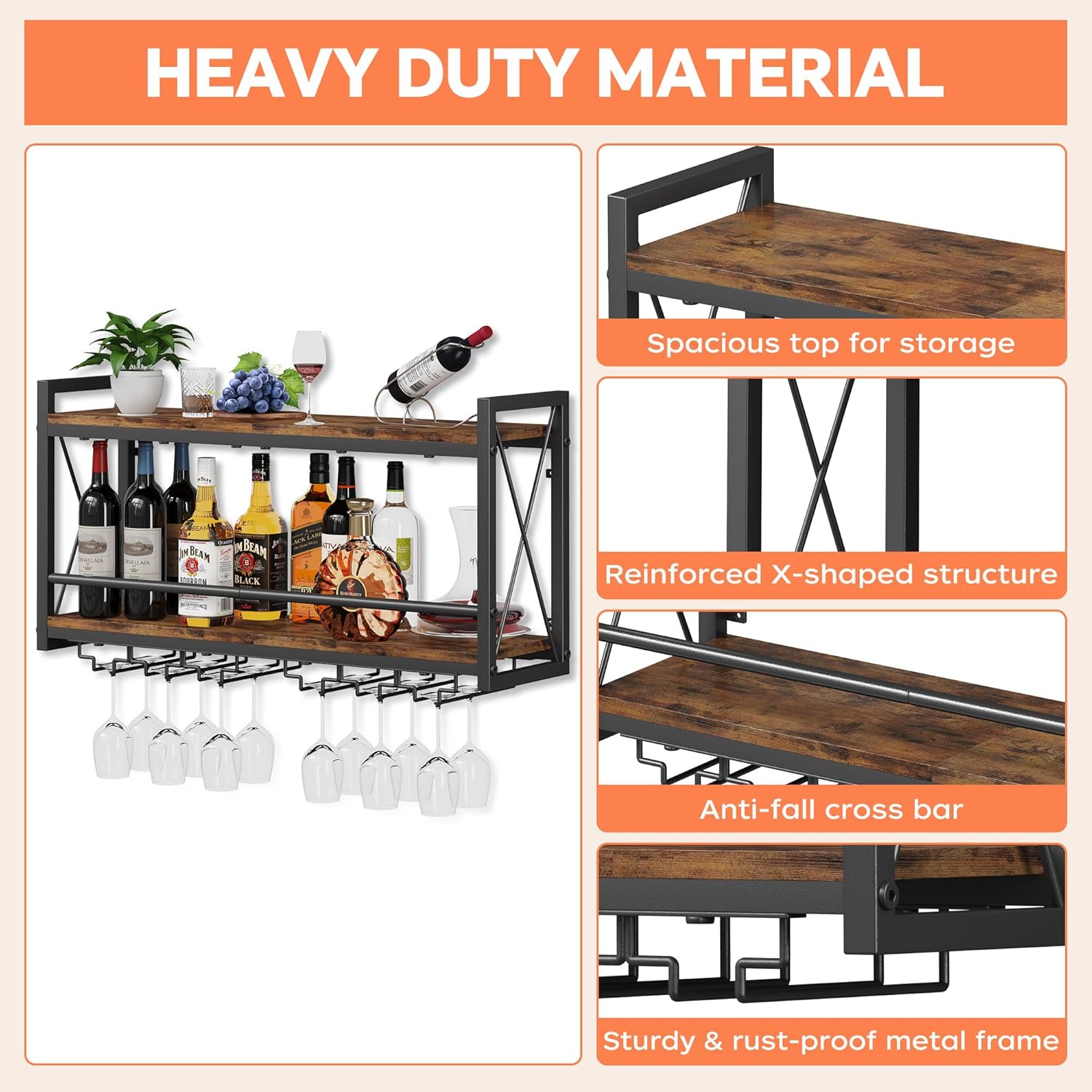 Homeiju Wall Mounted Wine Rack, Bottle & Glass Holder Wood-Metal Retro Wine Rack, Wine Bottles Display Wall Storage for Kitchen Dining Room Home Bar