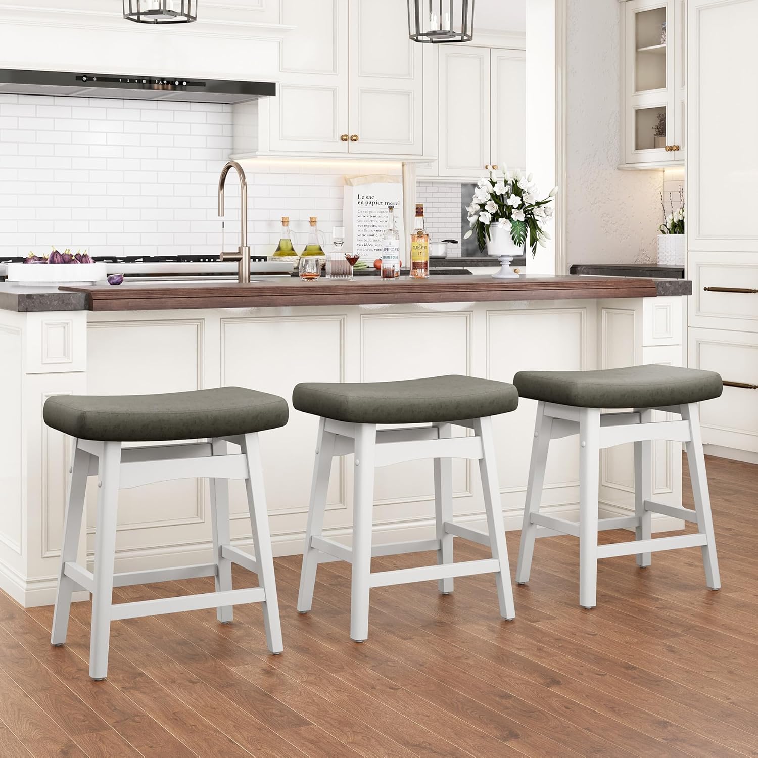 PHI VILLA Farmhouse Bar Stools Set of 2 - Wood Bartools with Upholstered Saddle Seat, 24 inch stools for Kitchen Counter Set of 2