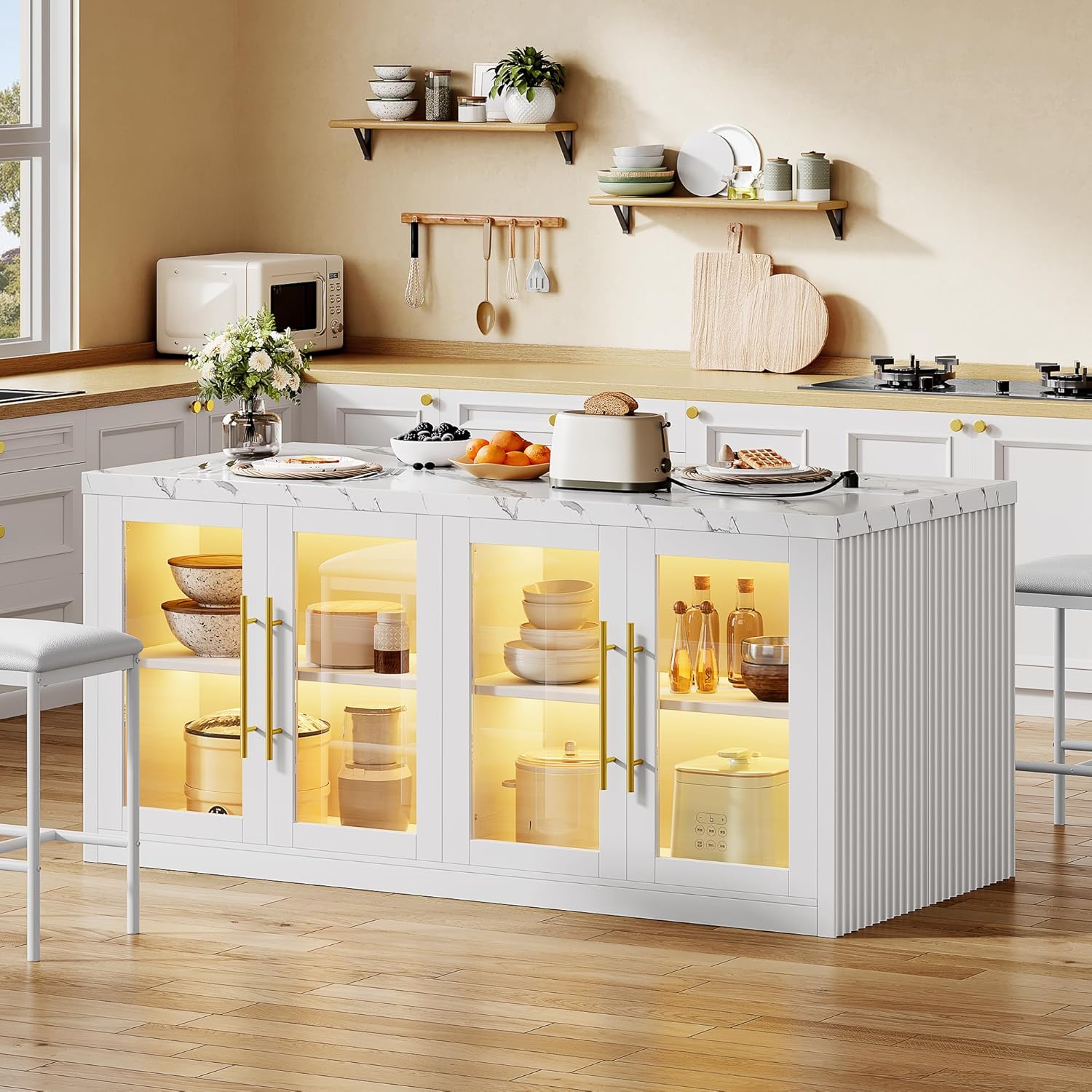 Kitchen Island with Storage, 57" W Large Island Table with Seating/LED Light for Dining Room, Kitchen Carts on Wheels Breakfast Bar Table w/Power Outlet, White