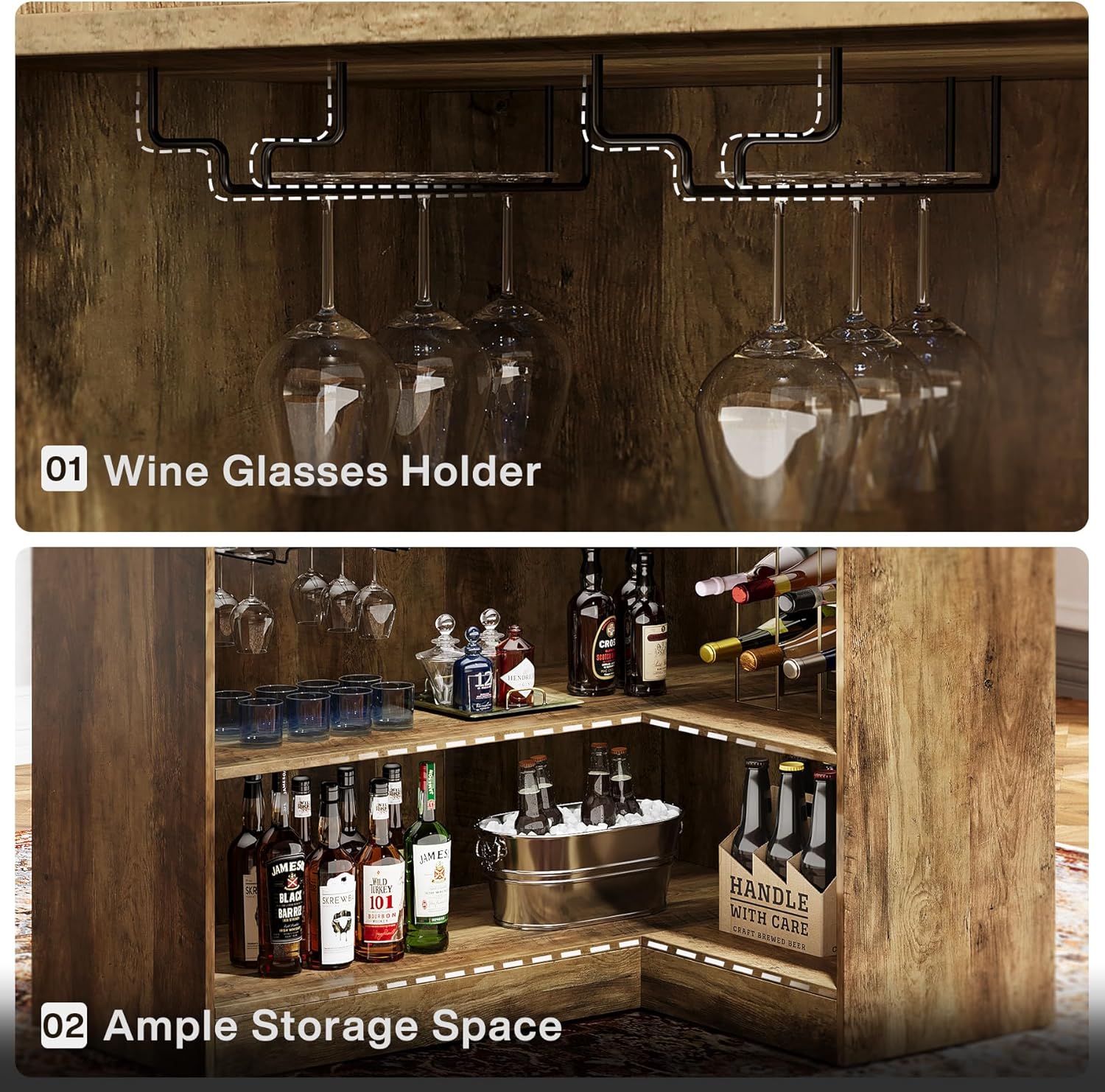 Tribesigns Bar Cabinet, L-Shaped Home Bar Table with Stemware Racks, 4-Tier Corner Bar Unit Liquor Wine Bar Table Reception Desk for Home Pub, Rustic Brown