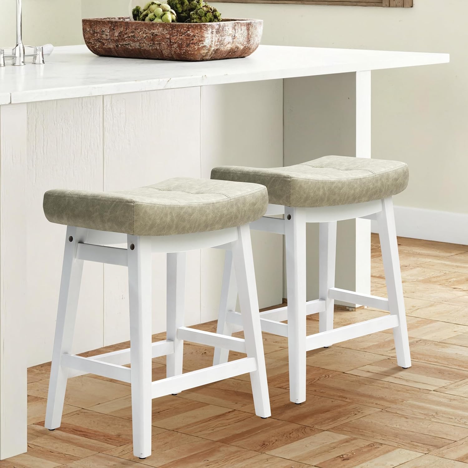 Counter Height Bar Stools Set of 3 for Kitchen Counter Farmhouse Modern Barstools with Upholstered Fabric Backless Seat and Solid Wood Legs 24 inch Bar Chairs, Khaki + Wood Color
