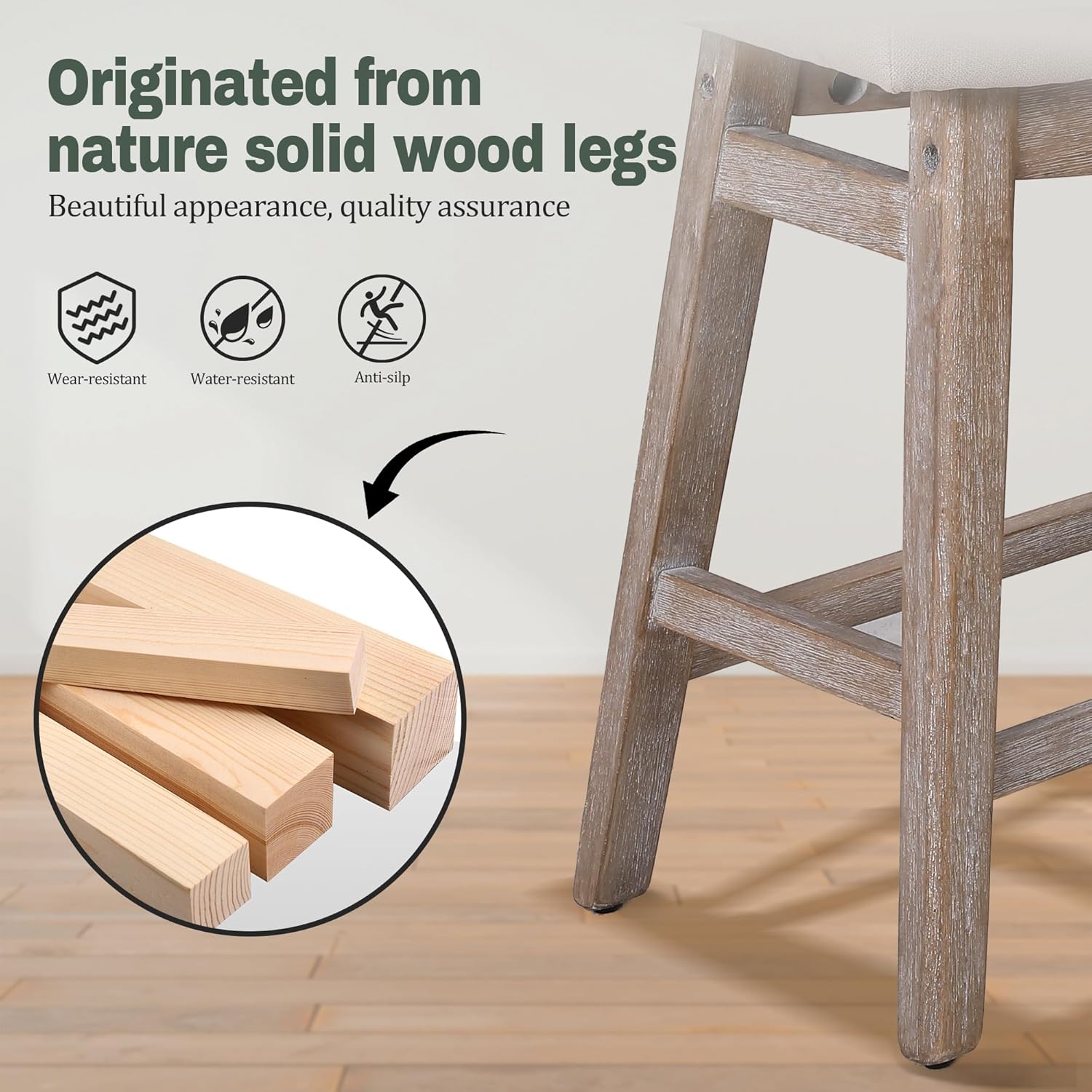 Counter Height Bar Stools Set of 3 for Kitchen Counter Farmhouse Modern Barstools with Upholstered Fabric Backless Seat and Solid Wood Legs 24 inch Bar Chairs, Khaki + Wood Color