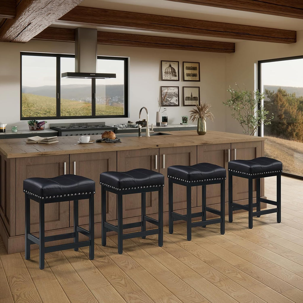 25 Inch Counter Height Bar Stools Set of 3, Heavy-Duty Metal Barstools with Soft Faux Leather Saddle Seats, Bar Stool for Kitchen Island, Easy to Clean, 300 lbs Capacity