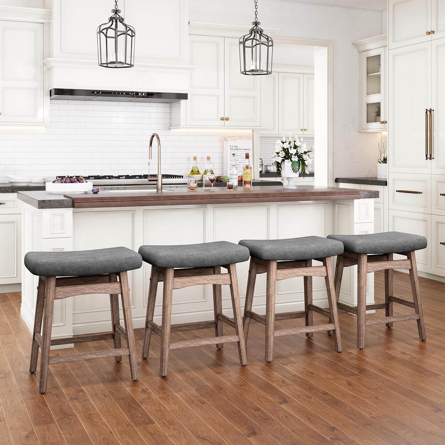 PHI VILLA Farmhouse Bar Stools Set of 2 - Wood Bartools with Upholstered Saddle Seat, 24 inch stools for Kitchen Counter Set of 2