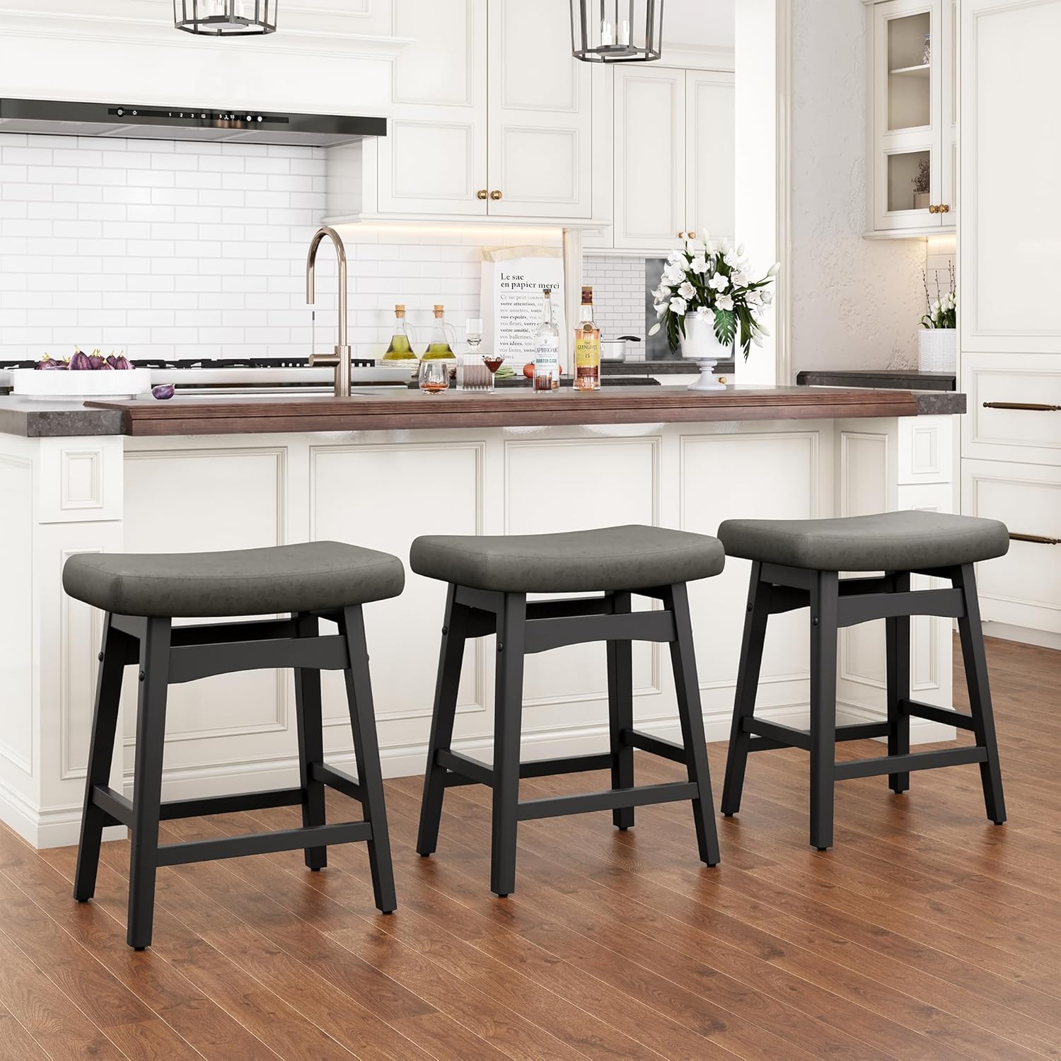 PHI VILLA Farmhouse Bar Stools Set of 2 - Wood Bartools with Upholstered Saddle Seat, 24 inch stools for Kitchen Counter Set of 2