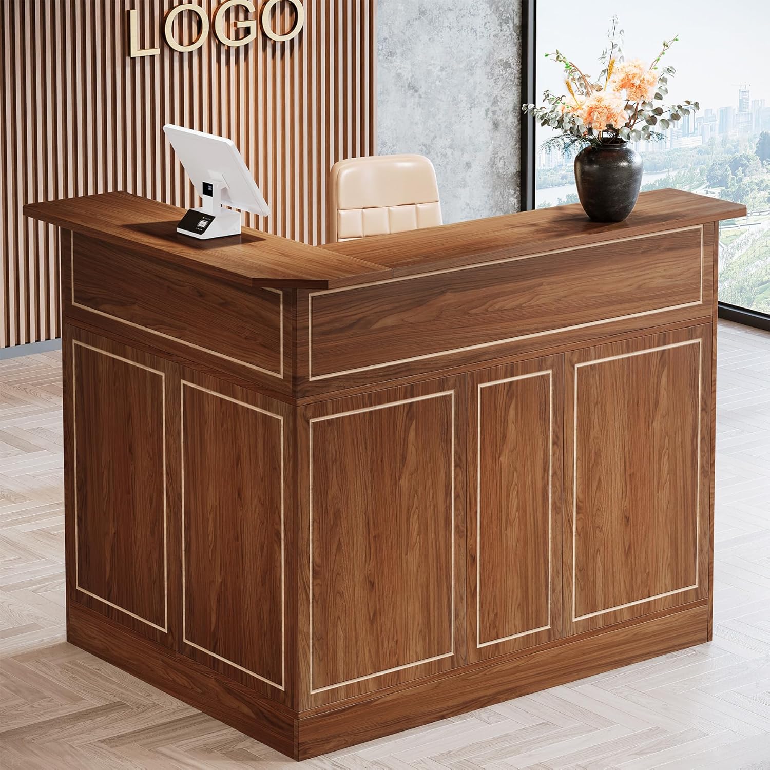 Tribesigns Reception Desk with Storage Shelves, L-Shaped Modern Front Desk, Reception Counter Table for Small Office, Salon, Checkout Office, Black