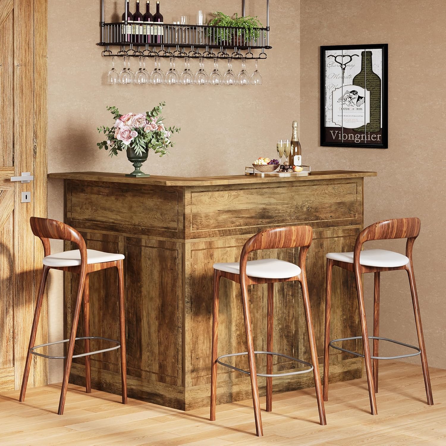 Tribesigns Bar Cabinet, L-Shaped Home Bar Table with Stemware Racks, 4-Tier Corner Bar Unit Liquor Wine Bar Table Reception Desk for Home Pub, Rustic Brown