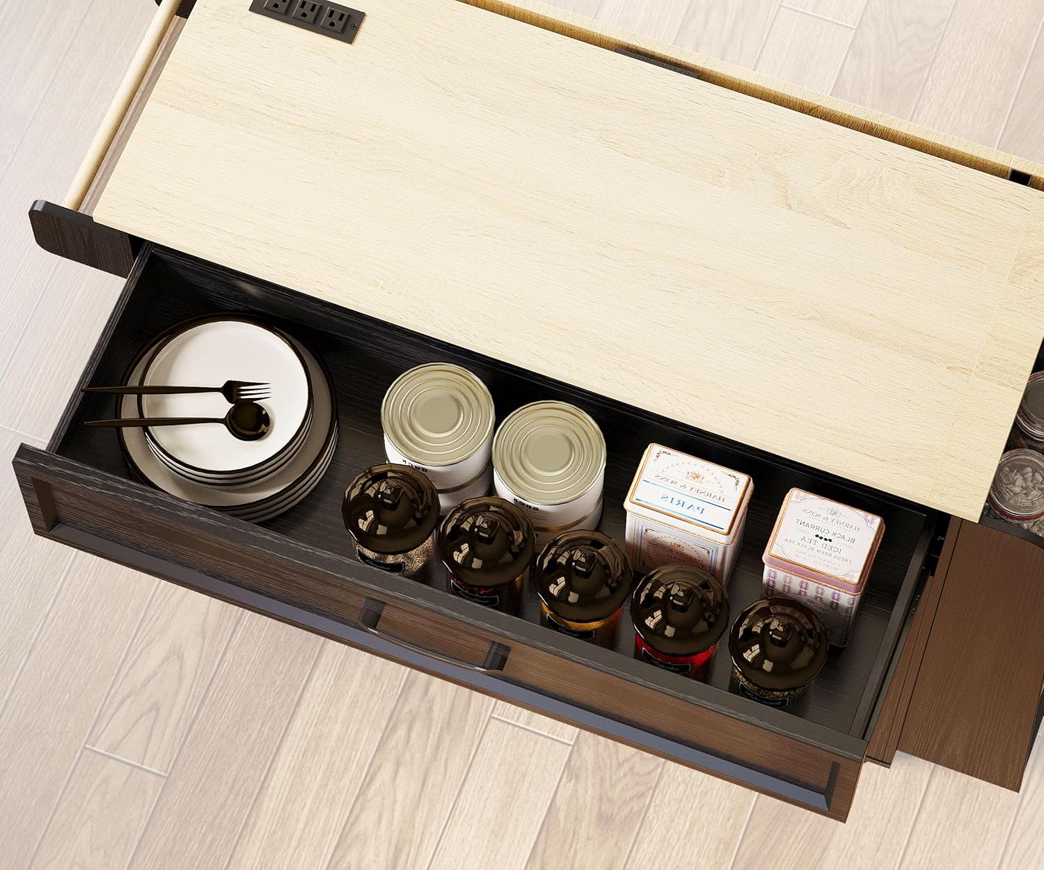 IRONCK Kitchen Island Cart with Storage, Rolling Kitchen Table with Power Outlet, Storage Cabinets on Wheels with Drop Leaf, Portable for Dining Room, Black