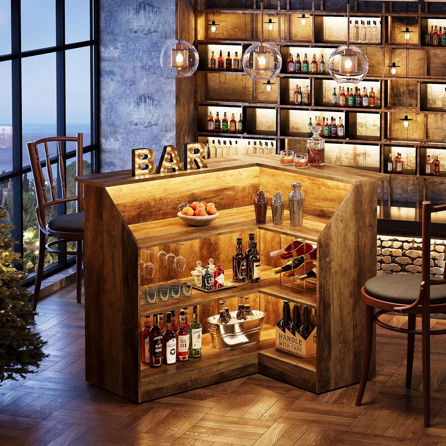 Tribesigns Bar Cabinet, L-Shaped Home Bar Table with Stemware Racks, 4-Tier Corner Bar Unit Liquor Wine Bar Table Reception Desk for Home Pub, Rustic Brown