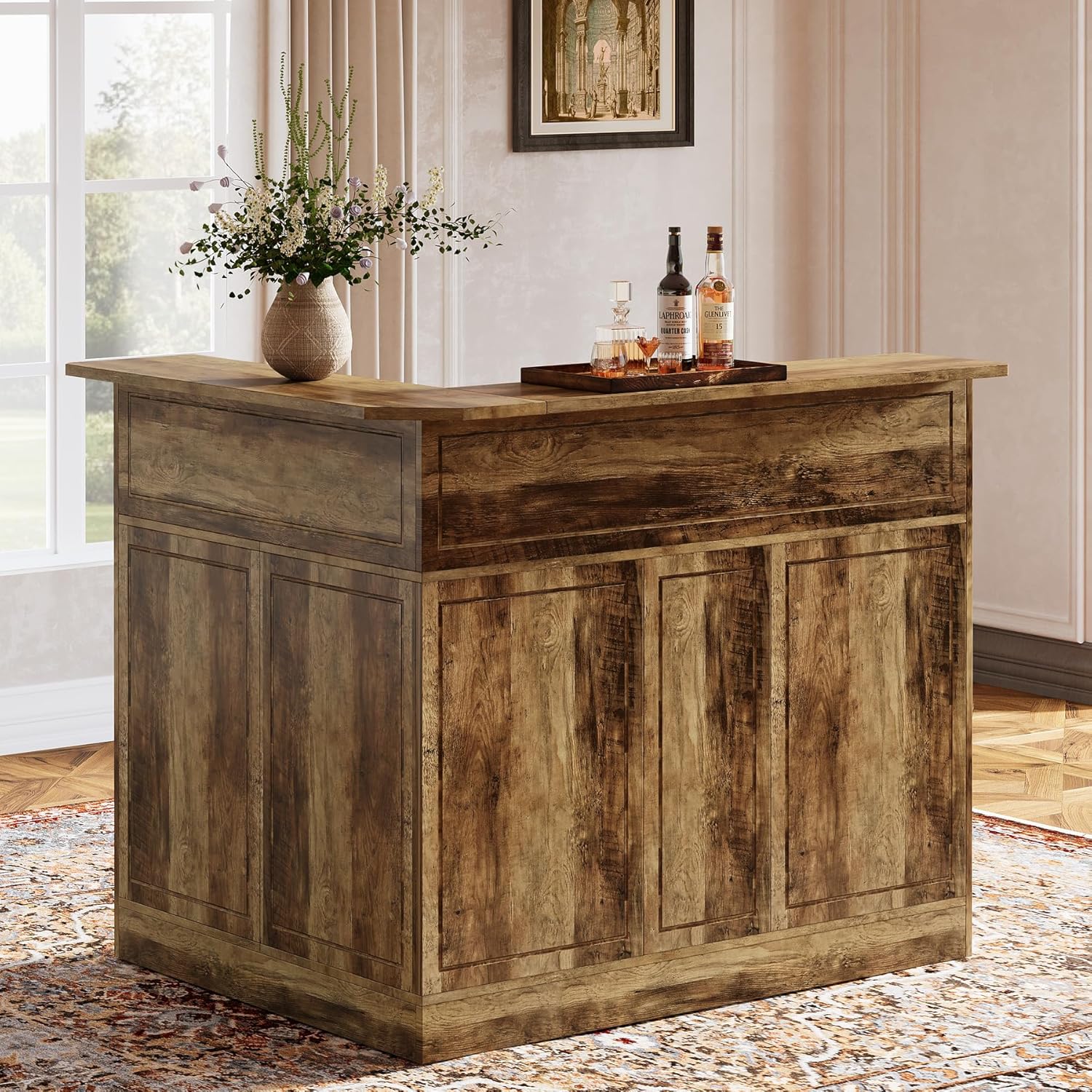 Tribesigns Bar Cabinet, L-Shaped Home Bar Table with Stemware Racks, 4-Tier Corner Bar Unit Liquor Wine Bar Table Reception Desk for Home Pub, Rustic Brown