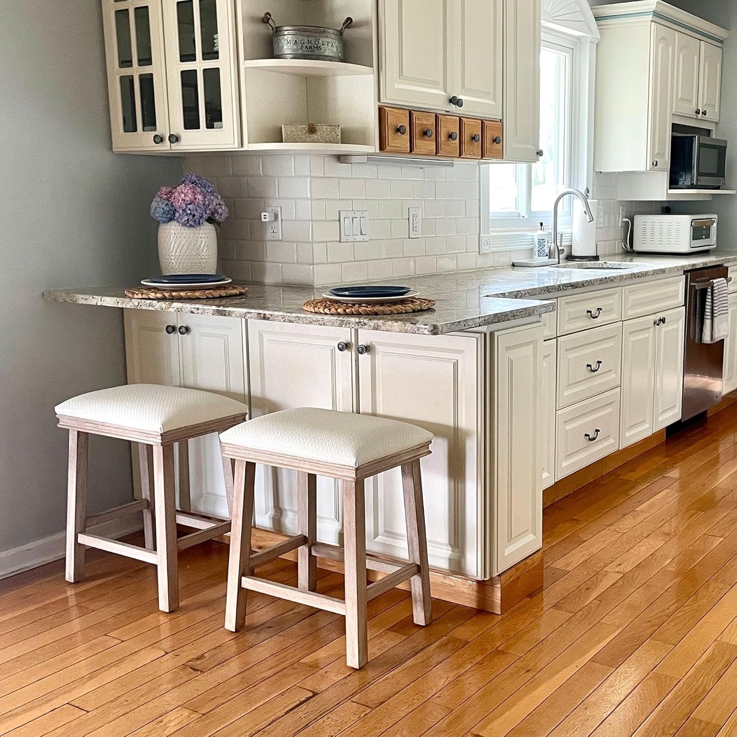 PHI VILLA Farmhouse Bar Stools Set of 2 - Wood Bartools with Upholstered Saddle Seat, 24 inch stools for Kitchen Counter Set of 2