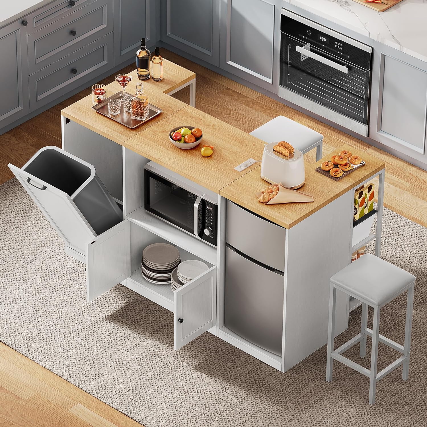 Kitchen Island with Storage, 57" W Large Island Table with Seating/LED Light for Dining Room, Kitchen Carts on Wheels Breakfast Bar Table w/Power Outlet, White